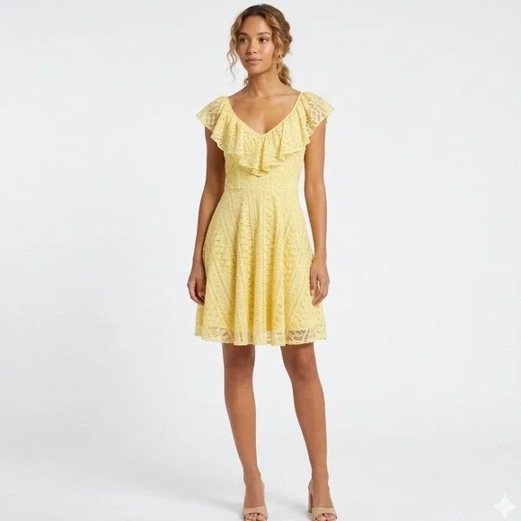 yellow lace fit and flare dress Soleil Yellow Lace Hem Knit Midi Dress